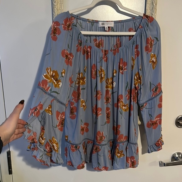 FEVER | Floral Belled Sleeve Blue Top Blouse - Picture 1 of 8